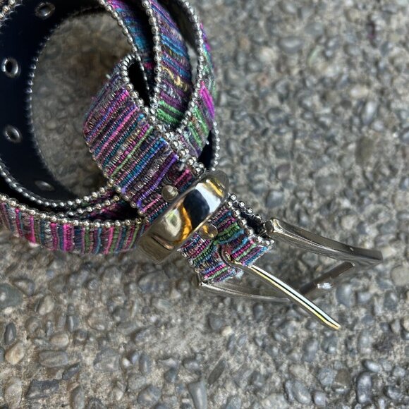Vintage 70s 80s Rainbow Striped Embroidered Silver Beads Metallic Weave Belt - Picture 7 of 10